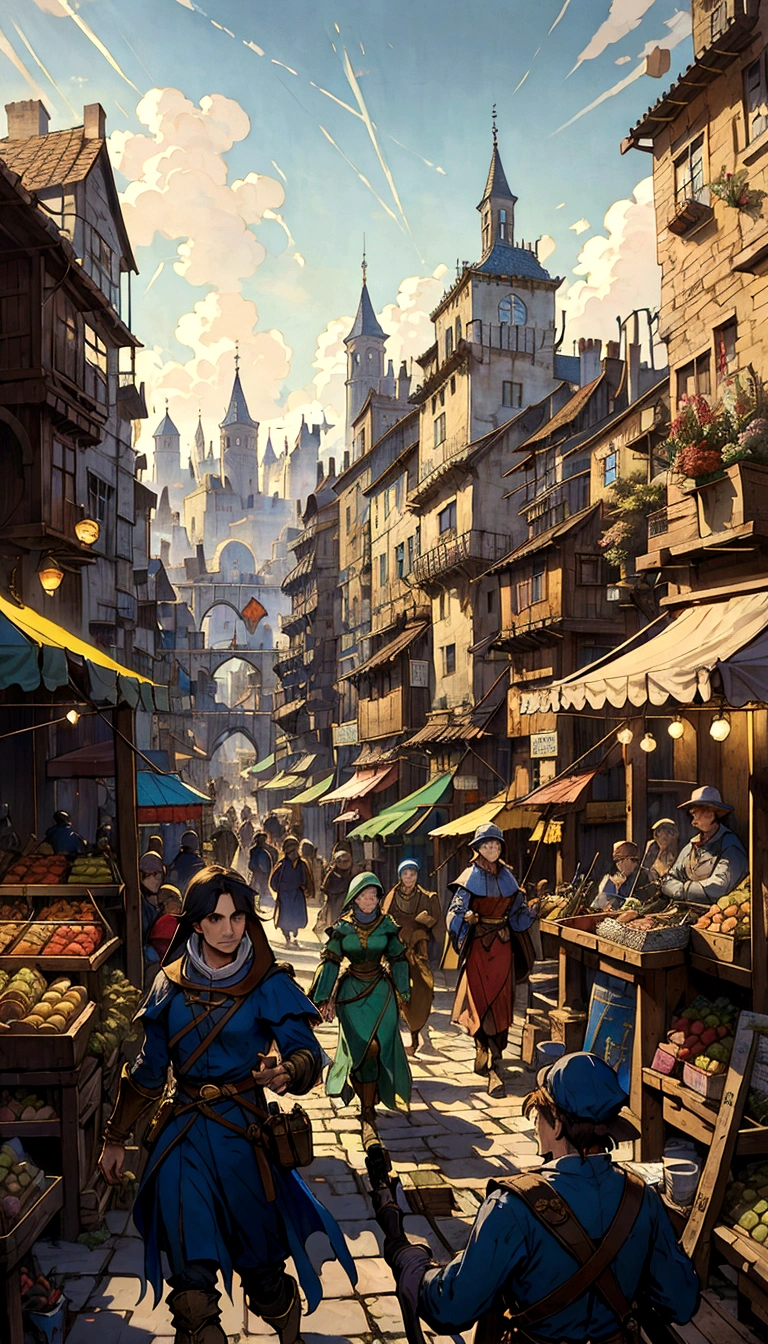 a painting of a market with people walking around it, martin raphael lacoste, style of raphael lacoste, inspired by Raphael Lacoste, by Raphael Lacoste, karl spitzweg. unreal engine, medieval fantasy game art, medieval city, by Aleksander Gine, medieval concept art, immensely detailed scene, marketplace, inspired by Carl Spitzweg, victorian city