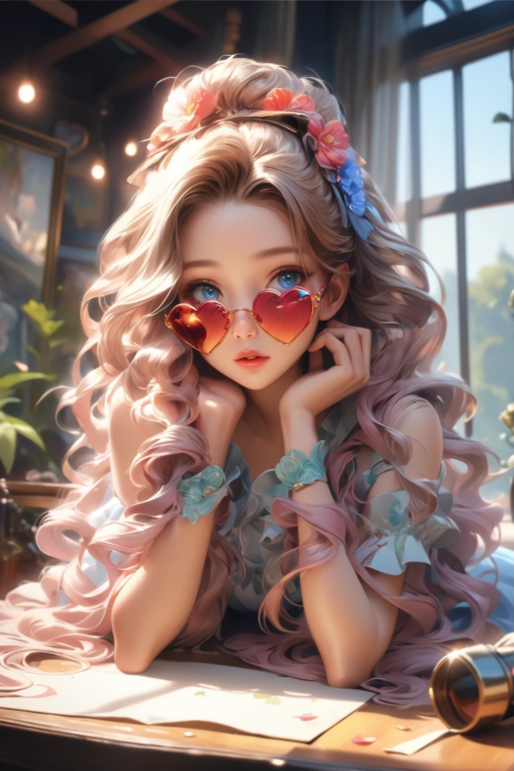 Blonde girl with blue eyes and heart-shaped sunglasses looking out the window, Cute and detailed digital art, Detailed digital anime art, 16K highly detailed digital art, Adorable digital painting, Gweiz-style artwork, Beautiful digital art, art gelm. Anime illustration, art gelm on artstation pixiv, art gelm portrait, 16K detailed digital art