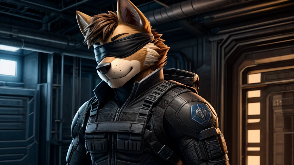 Chase from Paw Patrol, male shepherd, anthro, brown hair, blindfold, black combat suit, tall, serious, detailed, solo, beautiful, high quality, 4K