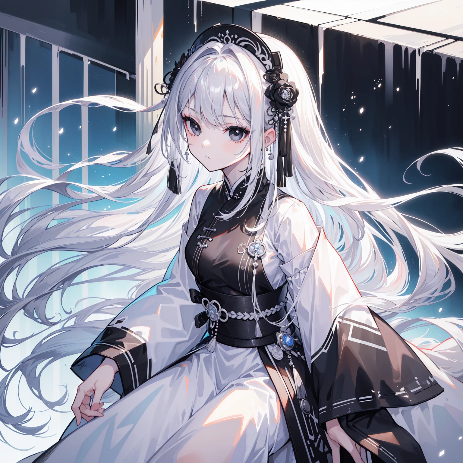 (Top image quality)、(Ultra Detailed)、(Facing forward)、top quality、masterpiece、(((1 girl)))、Silver Hair、white hair、((Long hair))、(black eyes:1.6)、(Hanfu)