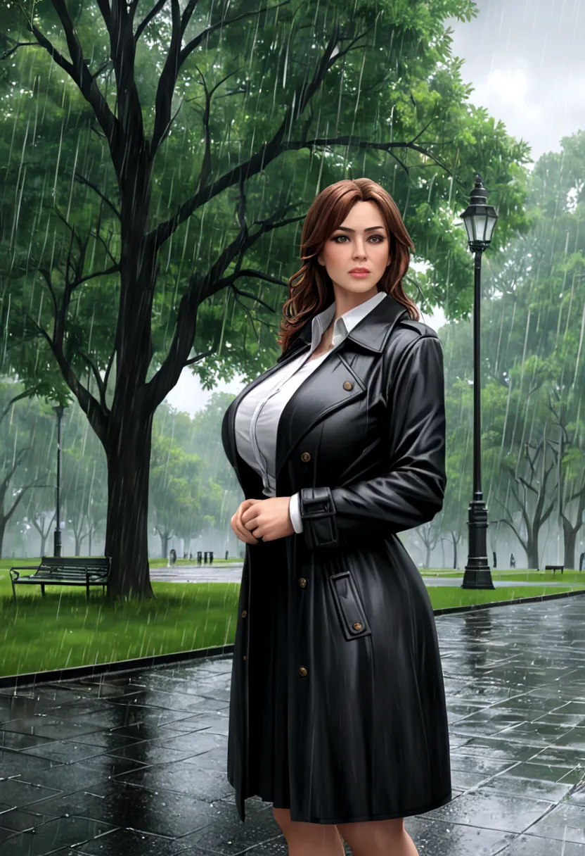 beautiful busty milf in Black Trench Coat, standing in a park, rainy day, photorealistic, masterpiece, cowboy_shot, giga_busty, ...