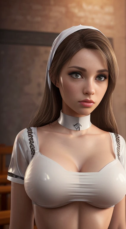 a latex nun, a white latex nun's dress, 1girl, breasts covered by a thin piece of the fabric, micro bikini top, shapely body, in a church, beautiful detailed eyes, beautiful detailed lips, extremely detailed face, long eyelashes, (best quality,4k,8k,highres,masterpiece:1.2),ultra-detailed,(realistic,photorealistic,photo-realistic:1.37),HDR,UHD,studio lighting,ultra-fine painting,sharp focus,physically-based rendering,extreme detail description,professional,vivid colors,bokeh,photorealistic,dark,moody,dramatic lighting