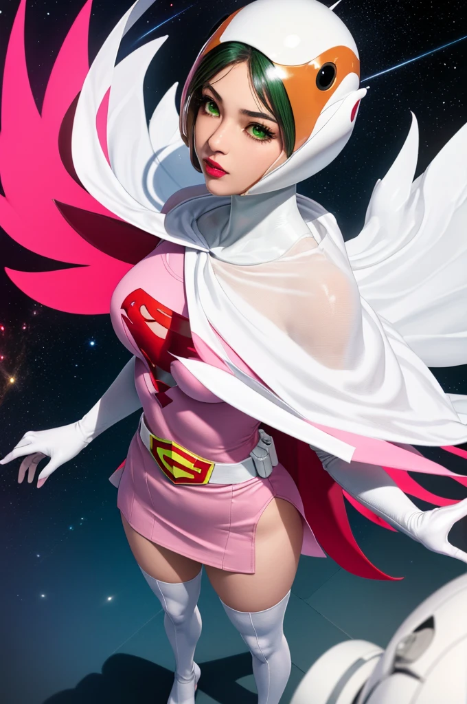 ((masterpiece)),((Highest quality)),((High resolution)),((Highly detailed CG Unity 8k wallpaper)), Outdoor, Day, Upper Body, View your viewers, alone, Concentration, break, Year_Classic_Jun_Gatchaman_myself, Jun the swan, One girl, chest, lips, medium chest, large chest, Green Eyes, lipstick, compensate, eyelash, eye shadow, visor, Helmet, Cape, Elbow hand pockets, Knee socks, belt, White gloves, zettai ryouiki, mask, skirt, White legwear, Superhero, leotard, Spacesuit, Pink Dress, white Cape,  pink leotard, pink skirt, Short dress, from back,
