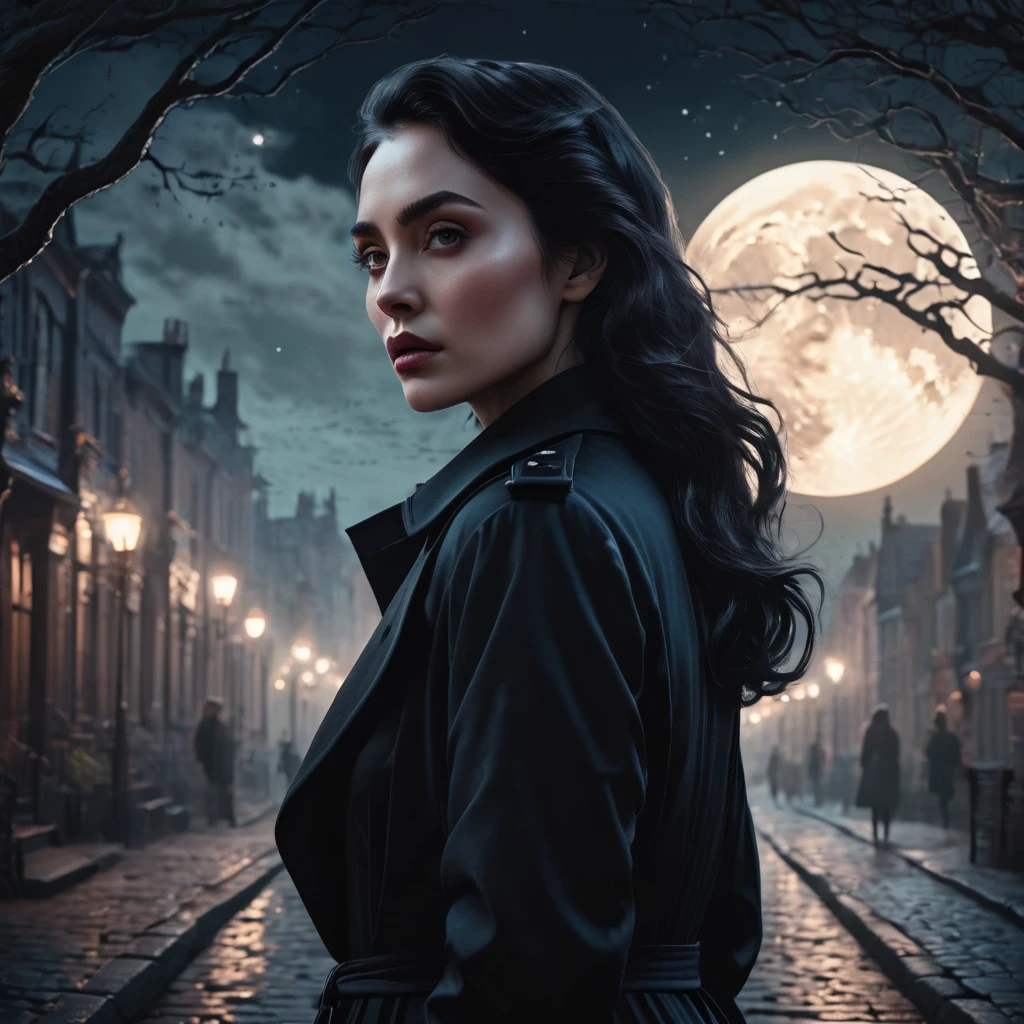 a dunkel-haired woman in a black trenchcoat, Detailliertes Gesicht, wunderschöne Augen, Elegante Pose, Vollmondnacht, Fantasie landscape, dramatische Beleuchtung, Launisch atmosphere, gedämpfte Farbpalette, Filmkomposition, komplizierte Details, Ätherisch, mystisch, (beste Qualität,4k,8k,highres,Meisterwerk:1.2),ultra-detailliert,(realistisch,photorealistisch,photo-realistisch:1.37),filmische Beleuchtung,Dramatische Schatten,gedämpfte Farbpalette,Fantasie,mystisch,dunkel,Launisch,atmosphärisch