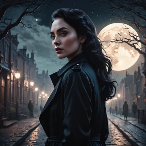 a dark-haired woman in a black trenchcoat, detailed face, beautiful eyes, elegant pose, full moon night, fantasy landscape, dram...