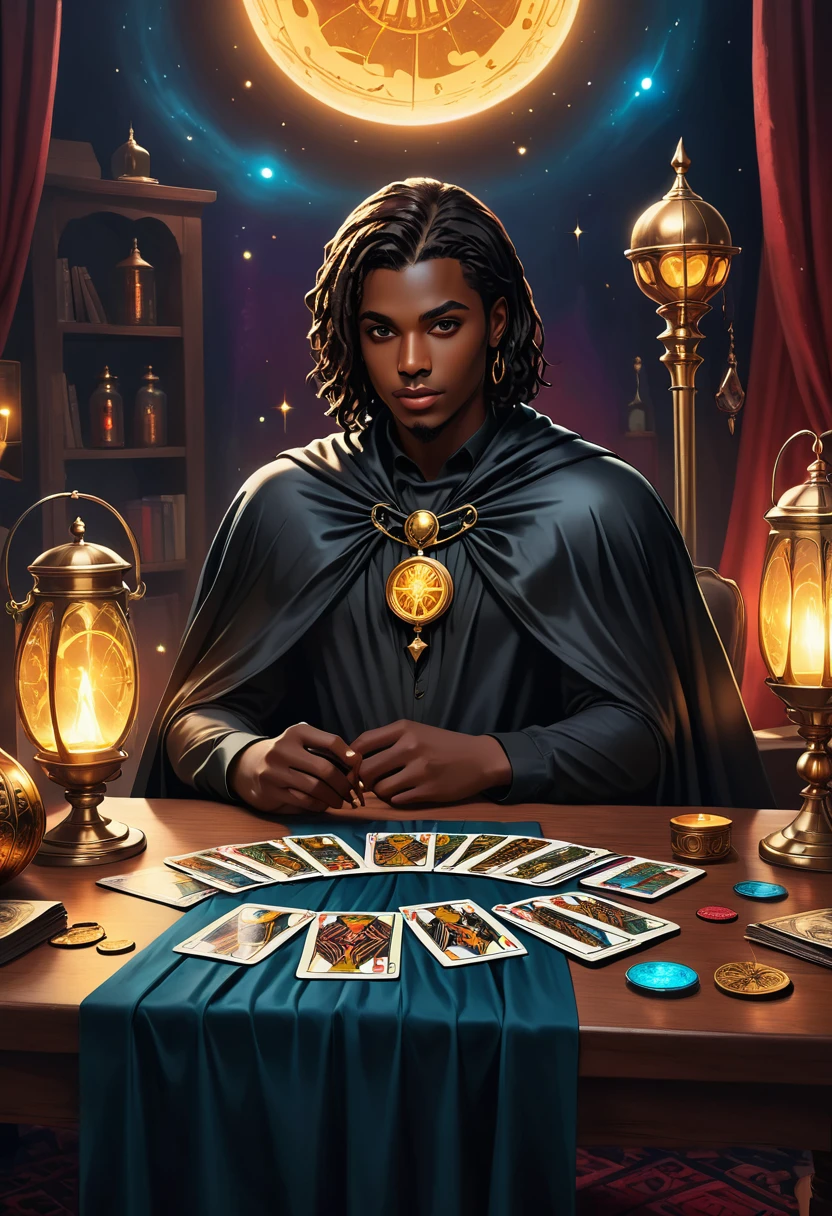 Impressionism, Practical, 1 boy, fortune teller, Tarot cards on the table, Black cape，Looking at the audience, Dark Skin, mystery, magic, glow, glowing, dark magic lighting, Moody, Movie, spark, sparkling, dark