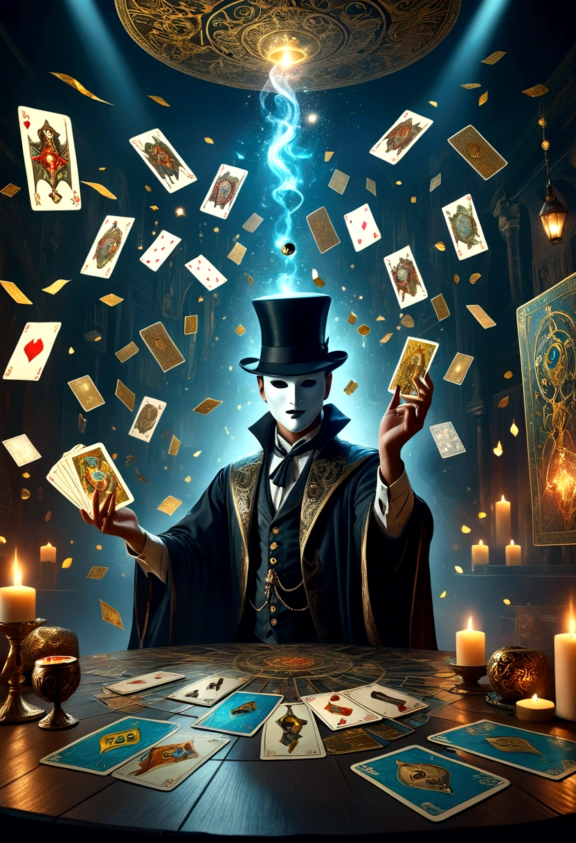 un magicien portant un masque, Cartes de tarot flottant dans les airs, Scène fantastique mystique, effets magiques détaillés, éclairage éthéré, composition dramatique, ambiance cinématographique, Fantaisie sombre, couleurs maussades, Éclairage dramatique, textures riches, clair-obscur, détails complexes, hyper réaliste, Haute définition, 8k, Photoréaliste, chef-d&#39;œuvre, art numérique primé