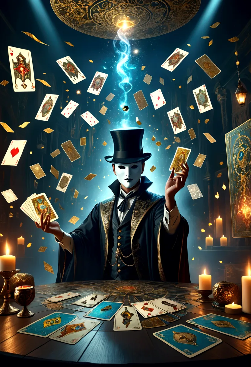 a magician wearing a mask, tarot cards floating in the air, mystical fantasy scene, detailed magical effects, ethereal lighting,...