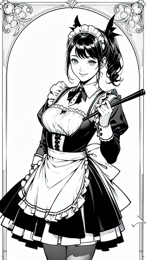 (masterpiece:1.2, Highest quality),(Line art),(Monochrome),(Very detailed),8K,wallpaper,1 female,Cute face,smile,((Maid in a mai...