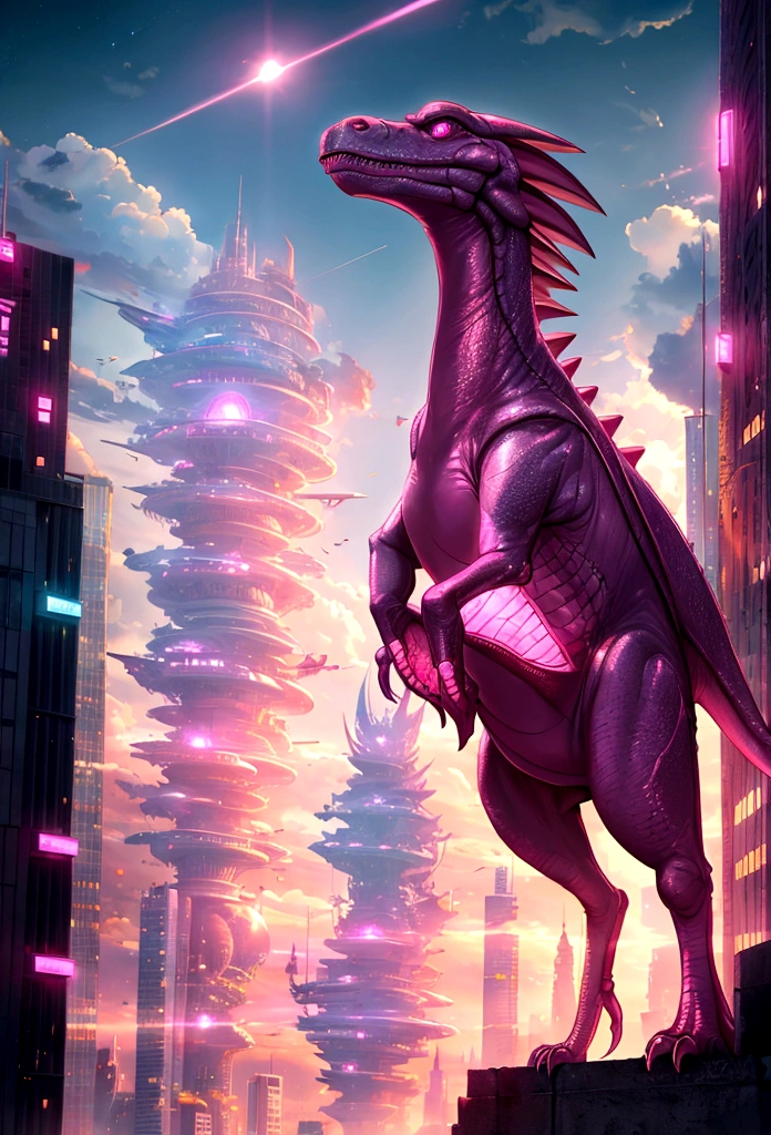 Um dinossauro rosa aparece numa cidade futurista