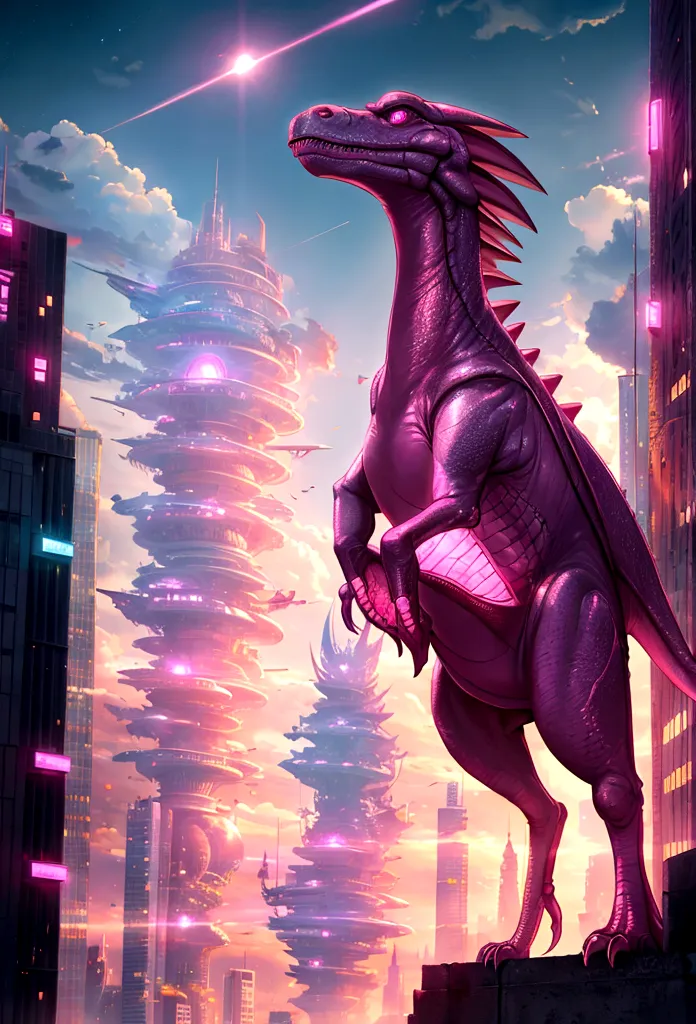 A pink dinosaur appears in a futuristic city