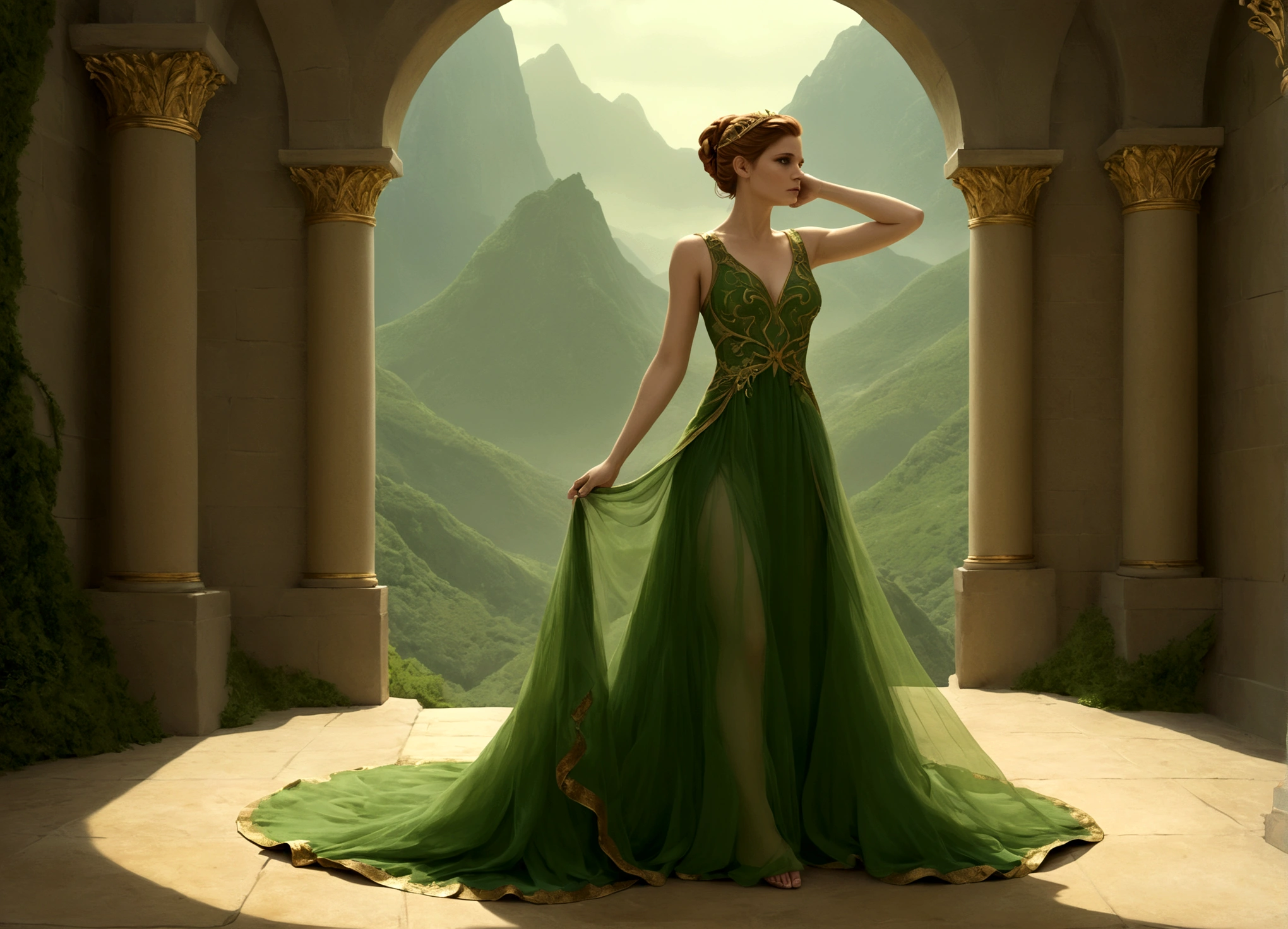 La damisela en apuros (Kate Mara tiene 25 años, vestido verde transparente con adornos dorados, desnudo debajo) La damisela halaga al dragón en su guarida.. Damsel está rascando la cabeza de Dragon para calmarlo.
