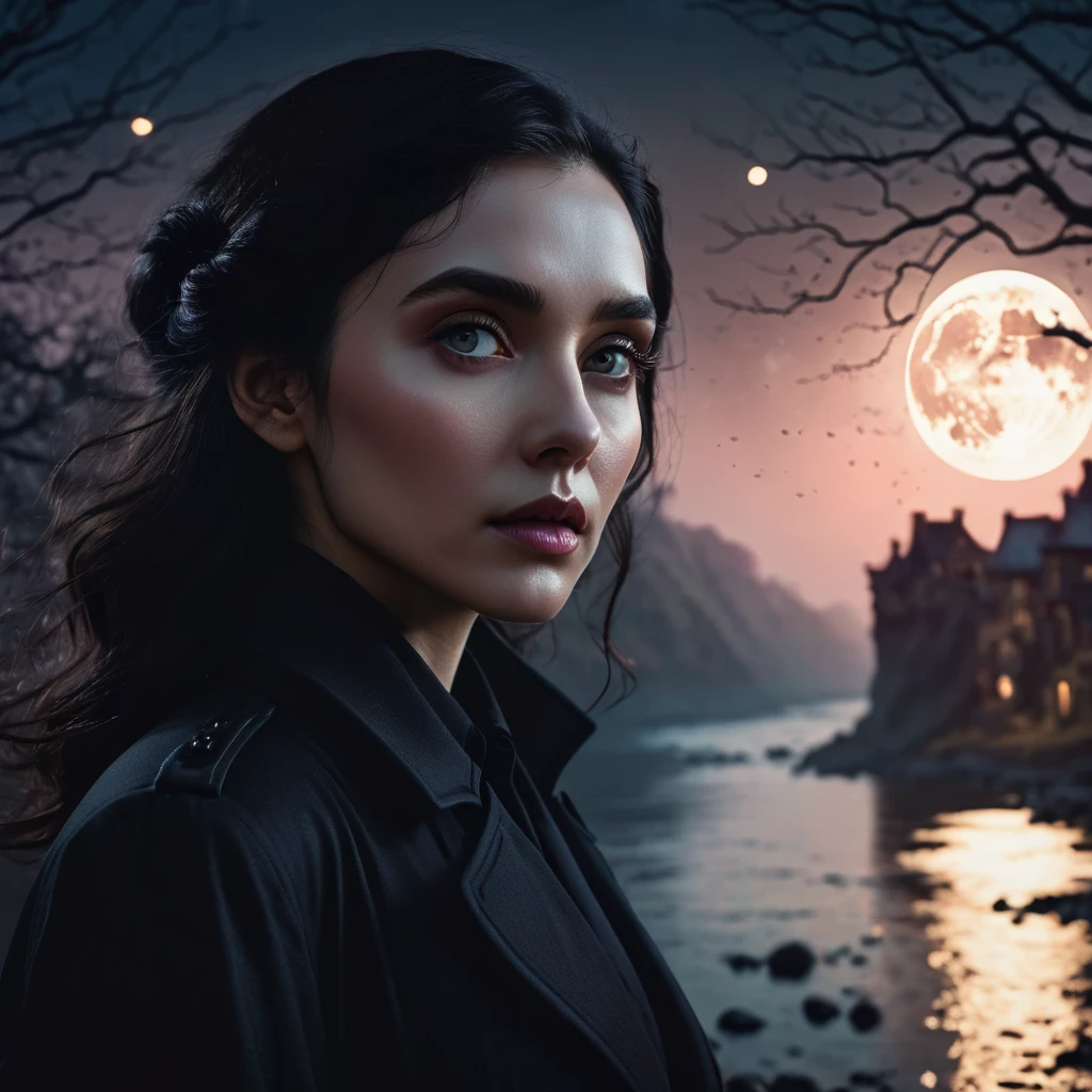 a dark-haired woman in a black trenchcoat, cara detallada, Ojos bonitos, elegant pose, noche de luna llena, fantasía landscape, iluminación dramática, malhumorado atmosphere, paleta de colores apagados, composición cinematográfica, detalles intrincados, etéreo, místico, (mejor calidad,4k,8K,alta resolución,obra maestra:1.2),ultra detallado,(Realista,photoRealista,photo-Realista:1.37),iluminación cinematográfica,sombras dramáticas,paleta de colores apagados,fantasía,místico,dark,malhumorado,atmosférico, magiaal, magia