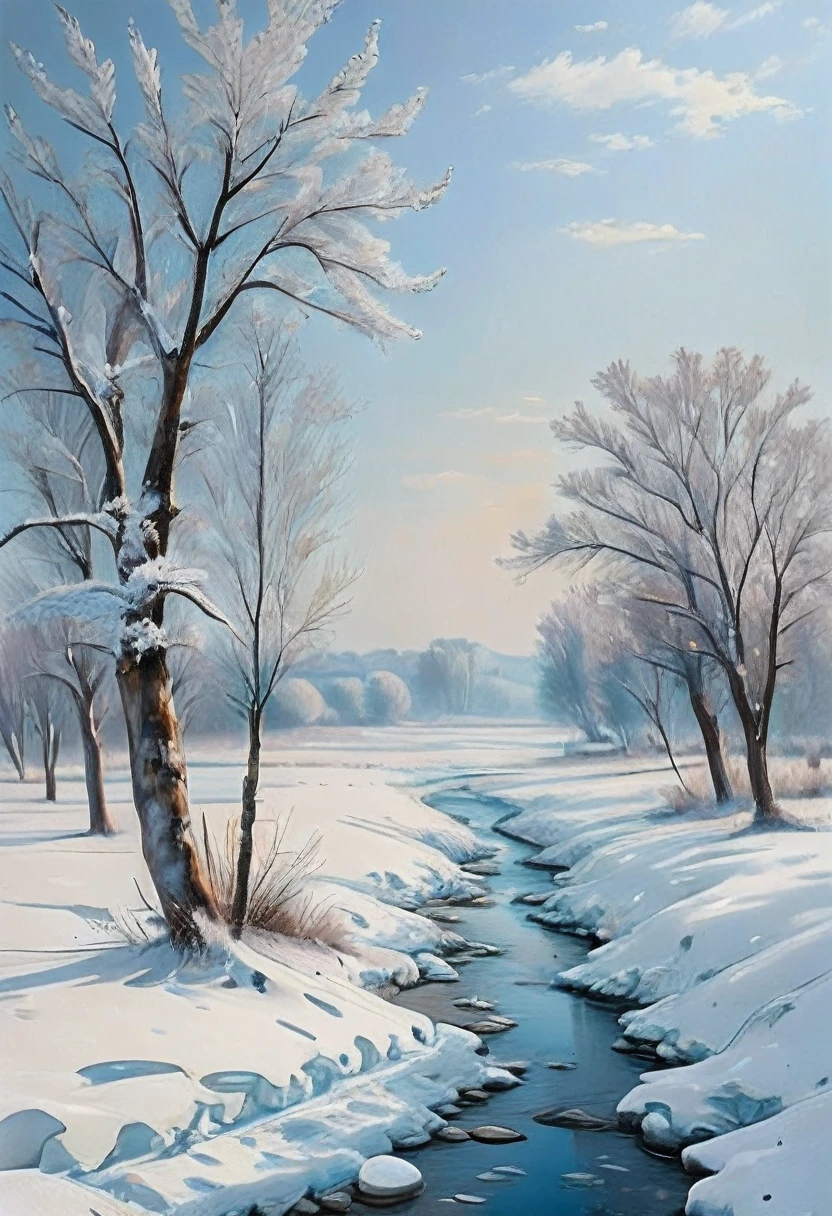 (Masterpiece, Top Quality, Best Quality, Official Art, Beautiful and Aesthetic:1.2), Winter Country Landscapes depict scenes of the countryside in winter, often with snow-covered fields, frozen rivers and barren trees. These paintings have a blue and white color palette and are known for their serene and peaceful atmosphere.