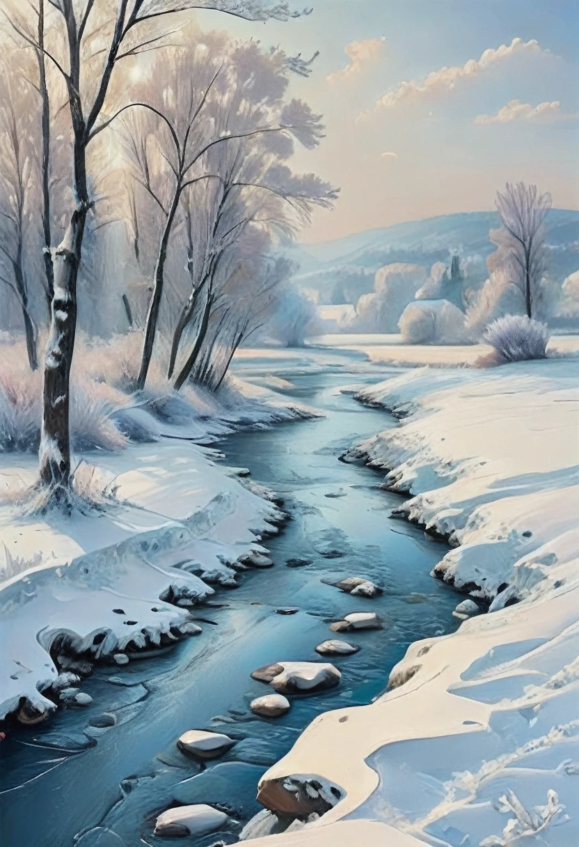 (Meisterwerk, Top Qualität, beste Qualität, offizielle Kunst, schön und ästhetisch:1.2), Winter Country Landscapes zeigen Szenen der Landschaft im Winter, oft mit schneebedeckten Feldern, gefrorene Flüsse und kahle Bäume. Diese Gemälde haben eine blaue und weiße Farbpalette und sind für ihre heitere und friedliche Atmosphäre bekannt.