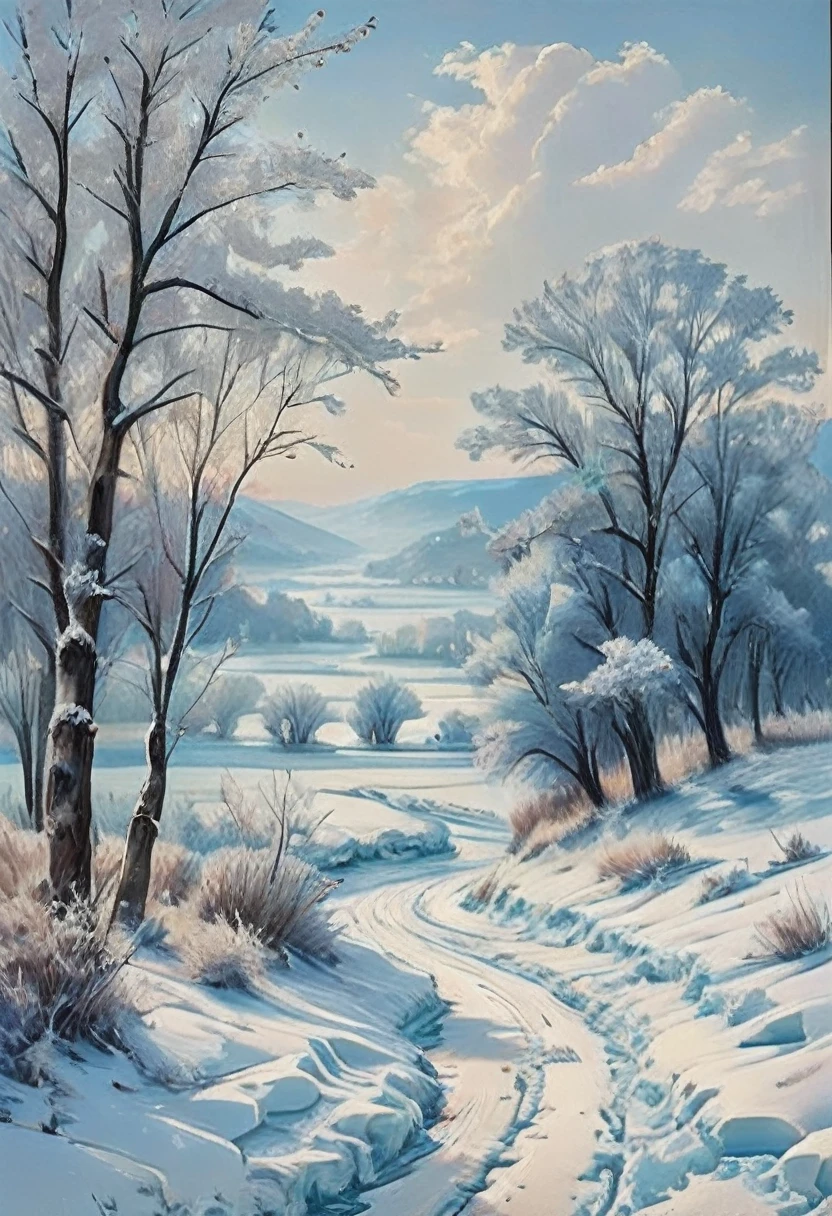 (Meisterwerk, Top Qualität, beste Qualität, offizielle Kunst, schön und ästhetisch:1.2), Winter Country Landscapes zeigen Szenen der Landschaft im Winter, oft mit schneebedeckten Feldern, gefrorene Flüsse und kahle Bäume. Diese Gemälde haben eine blaue und weiße Farbpalette und sind für ihre heitere und friedliche Atmosphäre bekannt.