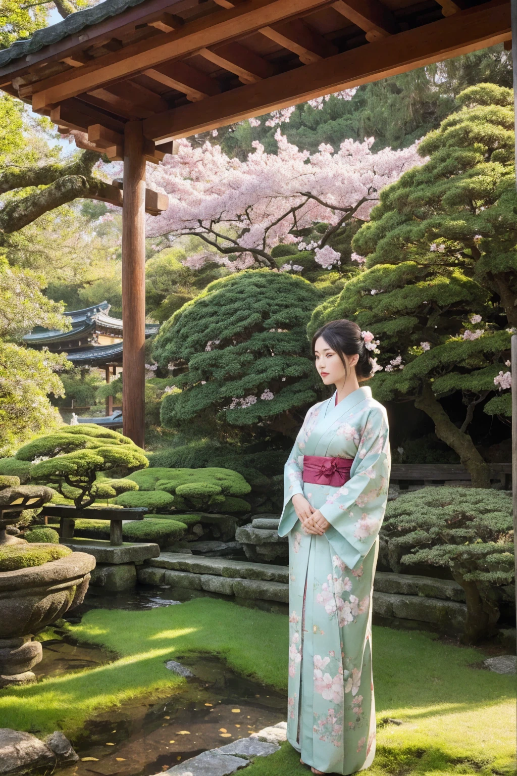 linda mulher em quimono tradicional japonês, Elegante e gracioso, de pé em um tranquilo santuário japonês cercado por uma natureza exuberante, (melhor qualidade,4K,8K,alta resolução,obra de arte:1.2),Ultra-detalhado,(realista,photorealista,photo-realista:1.37),iluminação cinematográfica,Olhando para o visualizador,padrões florais intrincados,enfeites de cabelo ornamentados,Características faciais delicadas,iluminação suave,árvores de cerejeira,pagode à distância,lanternas de pedra,rochas cobertas de musgo,atmosfera serena