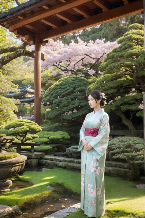 beautiful woman in traditional japanese kimono, elegant and graceful, standing in a tranquil japanese shrine surrounded by lush ...