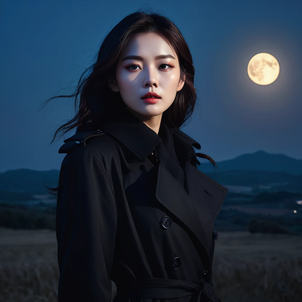 A woman with dark hair wearing a black trench coat、Detailed face、Beautiful Eyes、Graceful pose、Full moon night、Fantastic landscape、Dramatic lighting、Gloomy atmosphere、Calm colors、Cinematic composition、Exquisite detail、beautiful、mysterious、(Highest quality、4K、8k、High resolution、masterpiece:1.2)、Cinematic lighting、Dramatic Shadows、Calm colors、Fantasy、mysterious、dark、gloomy、Atmospheric