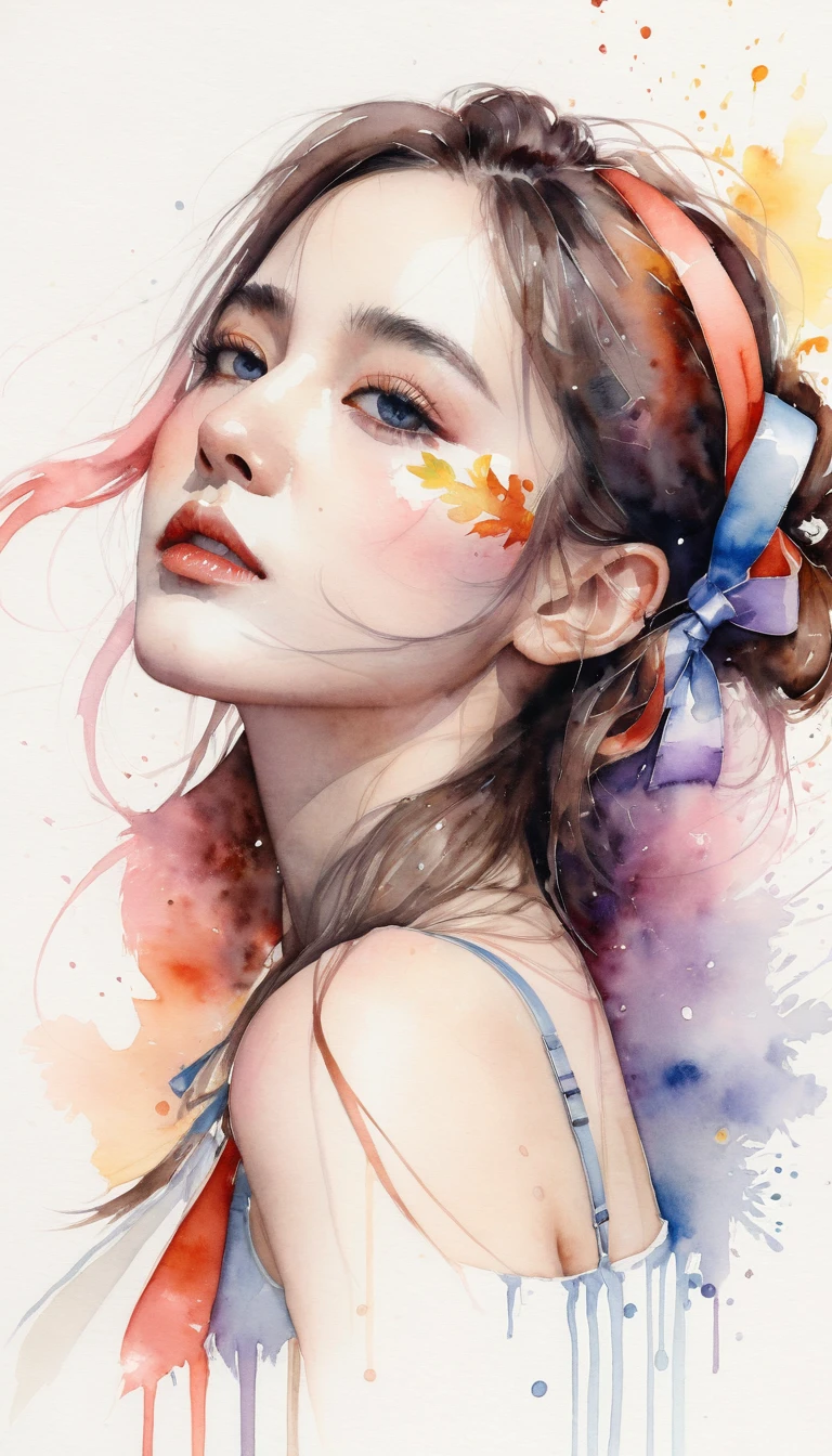 (8k, best quality, masterpiece:1.2),(best quality:1.0), (ultra highres:1.0), watercolor, a beautiful woman, shoulder, hair ribbons, by agnes cecile, half body portrait, extremely luminous bright design, pastel colors, (ink:1.3), autumn lights,