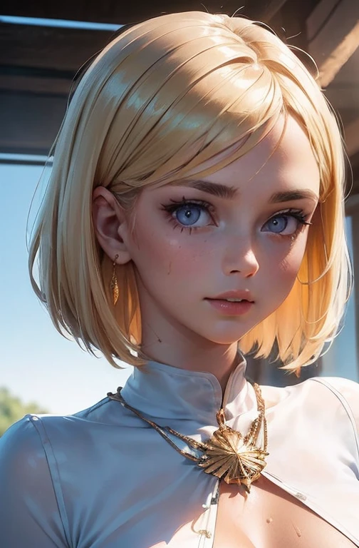 ((((work of art, best qualityer, high resolution)))), extremely detailed 8K, Beautiful girl with slender body, (ultra HD, ultra detali, highy detailed, highly realistic, Ultra-realistic, photography realistic), (1 girl:1.5), (Realistic blonde hair with dark roots), short and wavy hair, Bob Cut, (dynamic poses), facing the camera, drlight smile, (breasts big: 1.2), (beautifull detailed face, beautiful detailed eyes), (white top, fine material), see through the top, neckleace, dark denim shorts, sheen, sweat, (ray of sunlight, lighting sun), detailed makeup