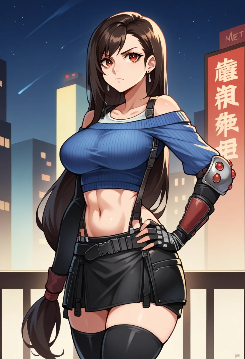 perfect eyes:1.2, detailed eyes:1.4, serious, hand on hip, night, city, metTifa, red eyes, low-tied long hair, earrings, cropped sweater, blue sweater, off-shoulder, midriff, short sleeves, suspender skirt, elbow gloves, fingerless gloves, armored legwear, medium full shot, thigh-level shot, 1girl,(masterpiece:1.6, best quality),
