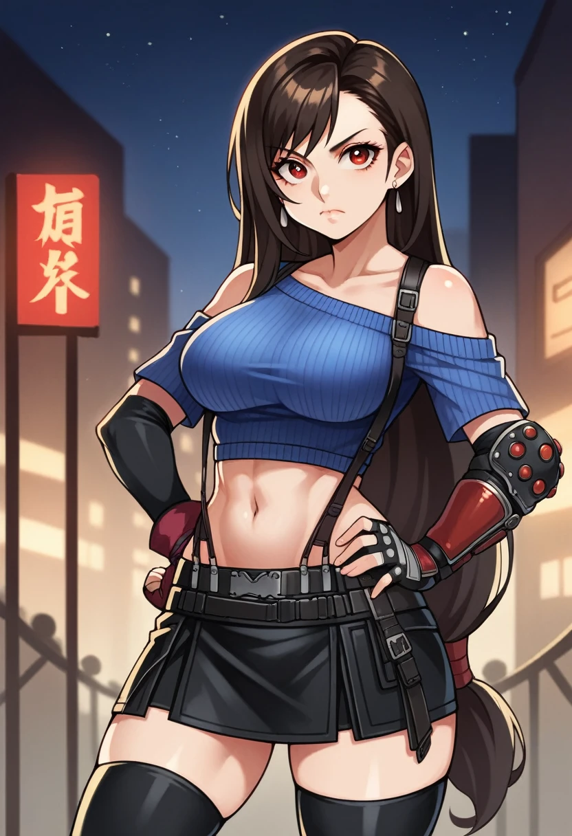 perfect eyes:1.2, detailed eyes:1.4, serious, hand on hip, night, city, metTifa, red eyes, low-tied long hair, earrings, cropped sweater, blue sweater, off-shoulder, midriff, short sleeves, suspender skirt, elbow gloves, fingerless gloves, armored legwear, medium full shot, thigh-level shot, 1girl,(masterpiece:1.6, best quality),
