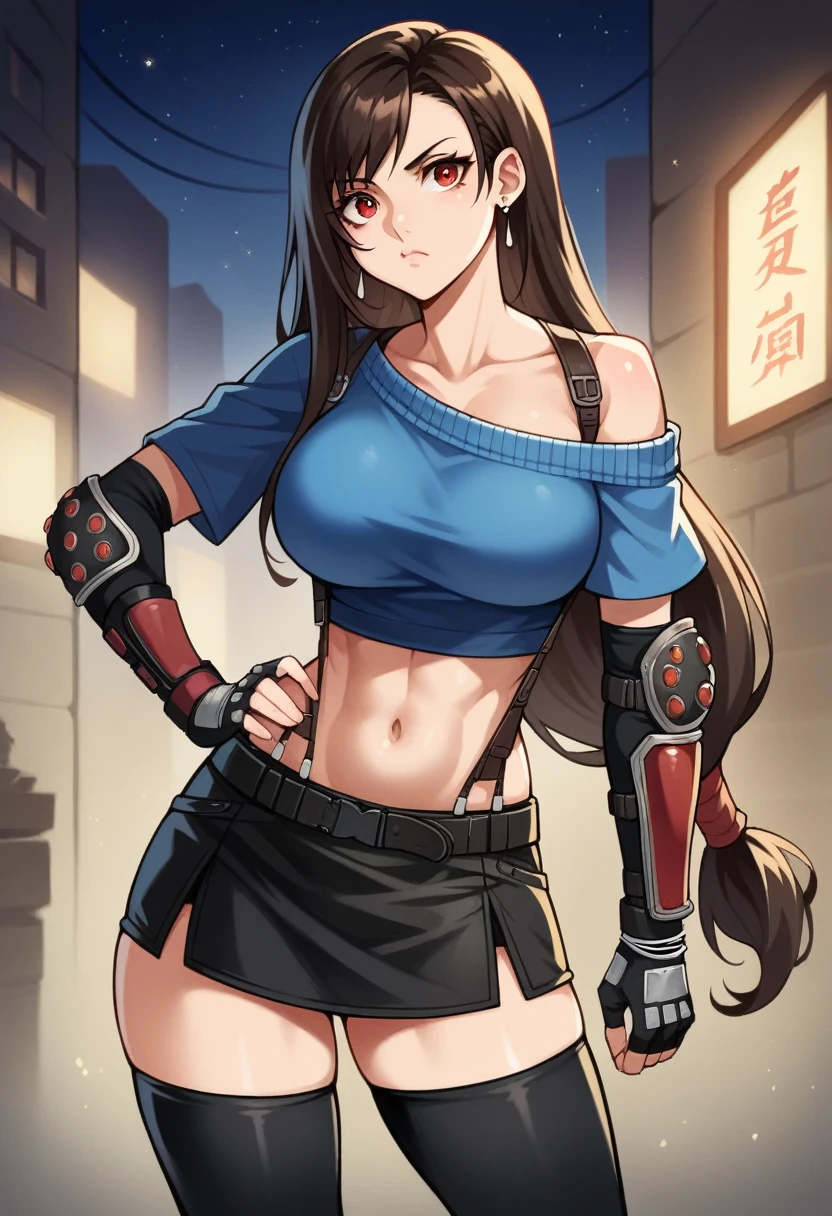 perfect eyes:1.2, detailed eyes:1.4, serious, hand on hip, night, city, metTifa, red eyes, low-tied long hair, earrings, cropped sweater, blue sweater, off-shoulder, midriff, short sleeves, suspender skirt, elbow gloves, fingerless gloves, armored legwear, medium full shot, thigh-level shot, 1girl,(masterpiece:1.6, best quality),
