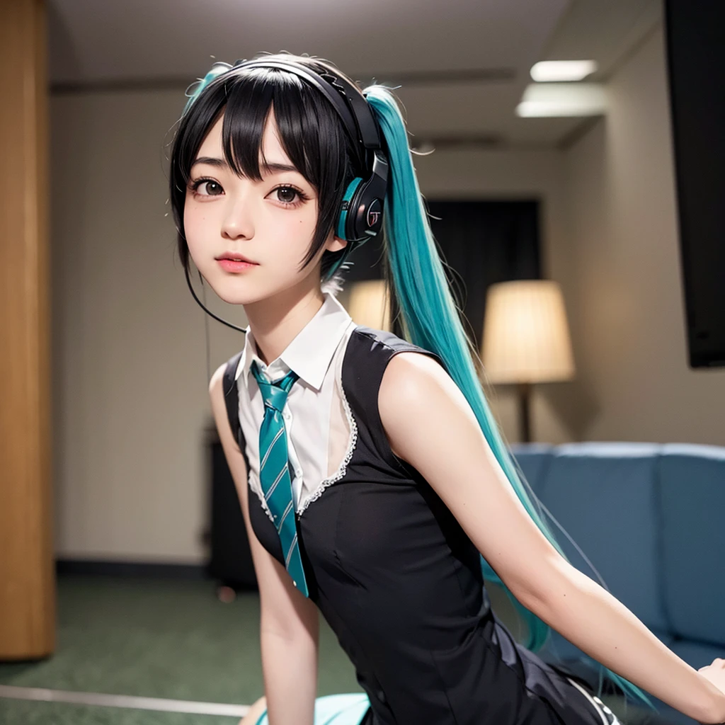 Hatsune Miku cosplay、cheveux noirs、Cheveux courts、Les cheveux sont très courts、Twintails、J&#39;ai des écouteurs、40 ans、Chanter au micro、cravate、poitrine plate、Réaliste photos、Réaliste、Qualité 8k、Pas de frange、Le fond est simple、cheveux très courts、Prise de vue complète du corps