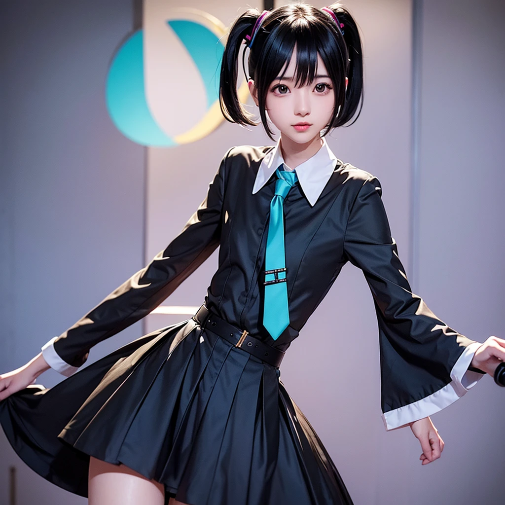 cosplay hatsune-miku、pelo negro、cabello corto、el pelo es muy corto、dos colas、tengo auriculares puestos、40 años de edad、Cantando en un micrófono、atar、pecho plano、Realista photos、Realista、calidad 8k、sin flequillo、El fondo es sencillo.、pelo muy corto、tiro de cuerpo completo