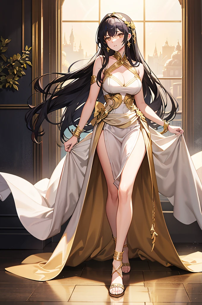 20 years old, with long black hair down to her waist, golden eyes. She wears jewelry and dresses in an antique style, donning a long white dress with golden details. She wears elegant gladiator sandals. She possesses golden powers and has a golden-themed background. 