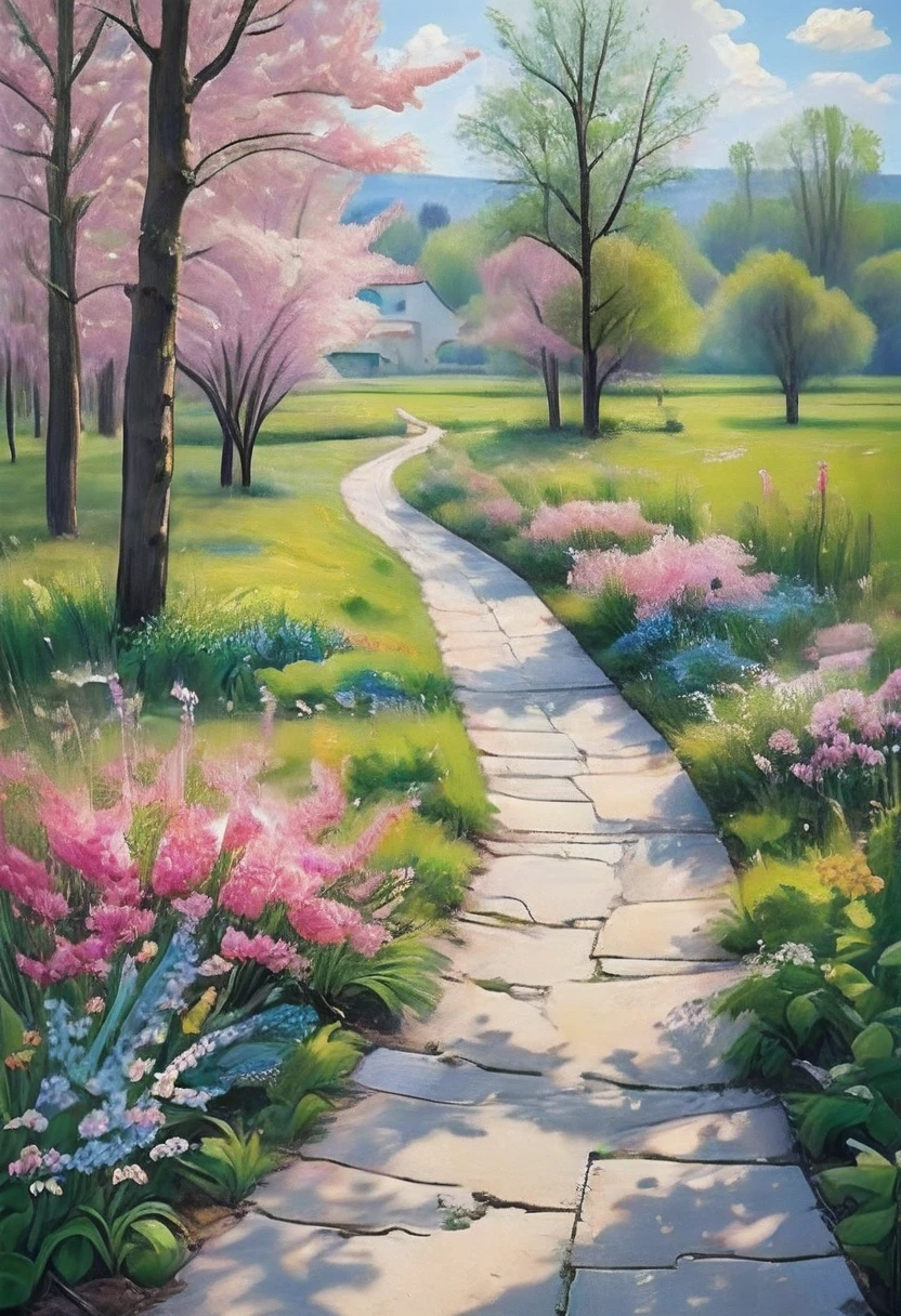 (obra de arte, qualidade máxima, melhor qualidade, Arte oficial, bonito e estético:1.2), Pinturas de paisagens primaveris retratam cenas da natureza na primavera, frequentemente apresentando flores em botão, Prados verdes, e árvores brotando. Essas pinturas são feitas em uma paleta brilhante e colorida e são conhecidas por sua atmosfera alegre e animada..