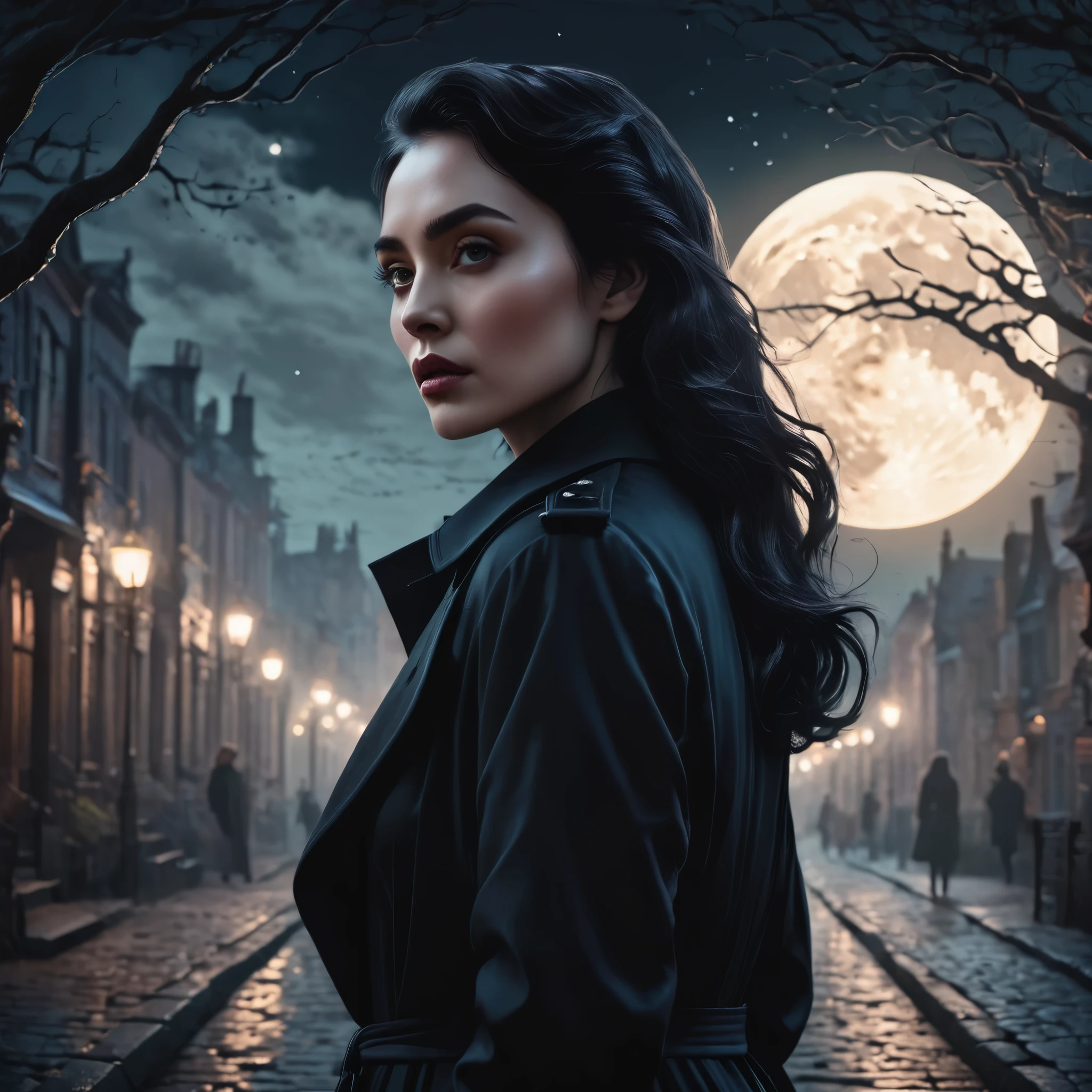 a dark-haired woman in a black trenchcoat, detailed face, beautiful eyes, elegant pose, full moon night, fantasy landscape, dramatic lighting, moody atmosphere, muted color palette, cinematic composition, intricate details, ethereal, mystical, (best quality,4k,8k,highres,masterpiece:1.2),ultra-detailed,(realistic,photorealistic,photo-realistic:1.37),cinematic lighting,dramatic shadows,muted color palette,fantasy,mystical,dark,moody,atmospheric