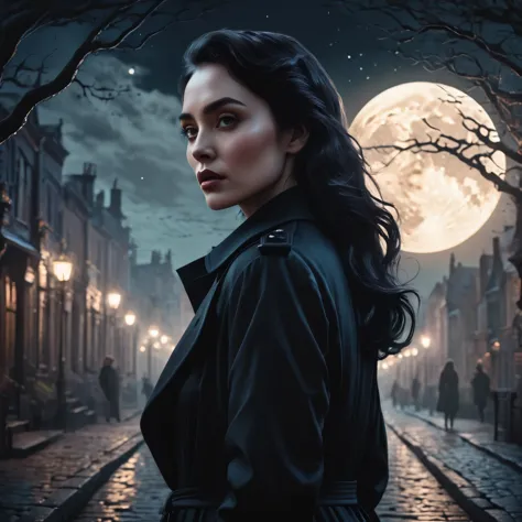 a dark-haired woman in a black trenchcoat, detailed face, beautiful eyes, elegant pose, full moon night, fantasy landscape, dram...