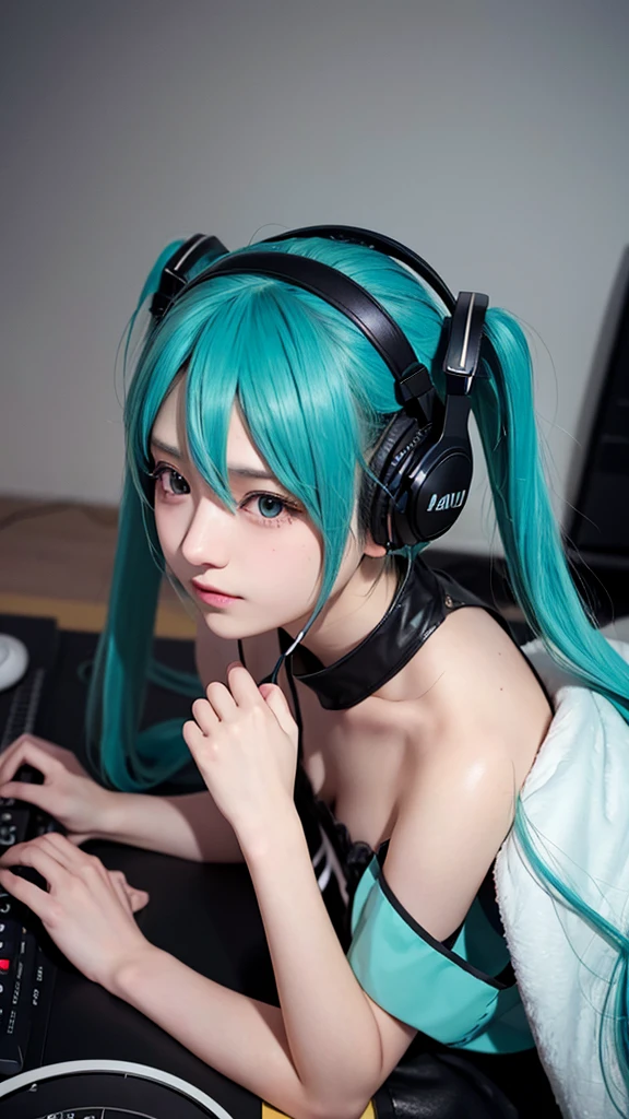 初音ミクのコスプレ、黒髪、ショートヘア、髪はとても短いです、ツインテール、ヘッドホンをつけています、40歳、マイクに向かって歌う、平らな胸、現実的 photos、現実的、8K品質、前髪なし、背景はシンプル、全身ショット