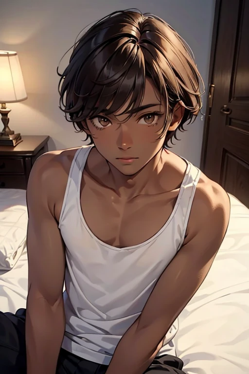 masterpiece, high quality, 1 Boy, Looking at the viewer at an angle, Mature Men, Upper Body, Tall Man, Hu sitting on the bed,   (Dark-skinned man:1.4), Style your hair, (Light brown hair, bangs, Short Hair:1.2),  eyelash, Cool face, Detailed face, Fine grain, eyelash, Brown eyes, A confident smile, Lips Detail,  Skin dents, （Tank top, white),  Bedroom