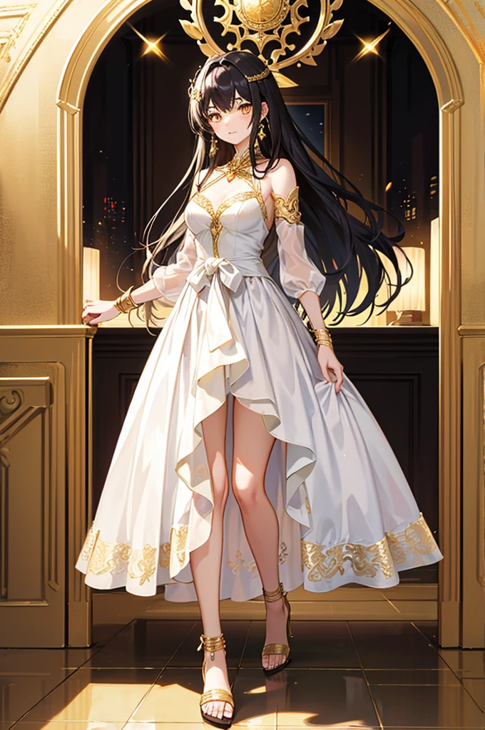 20 years old, with long black hair down to her waist, golden eyes. She wears jewelry and dresses in an antique style, donning a long white dress with golden details. She wears elegant gladiator sandals. She possesses golden powers and has a golden-themed background. 