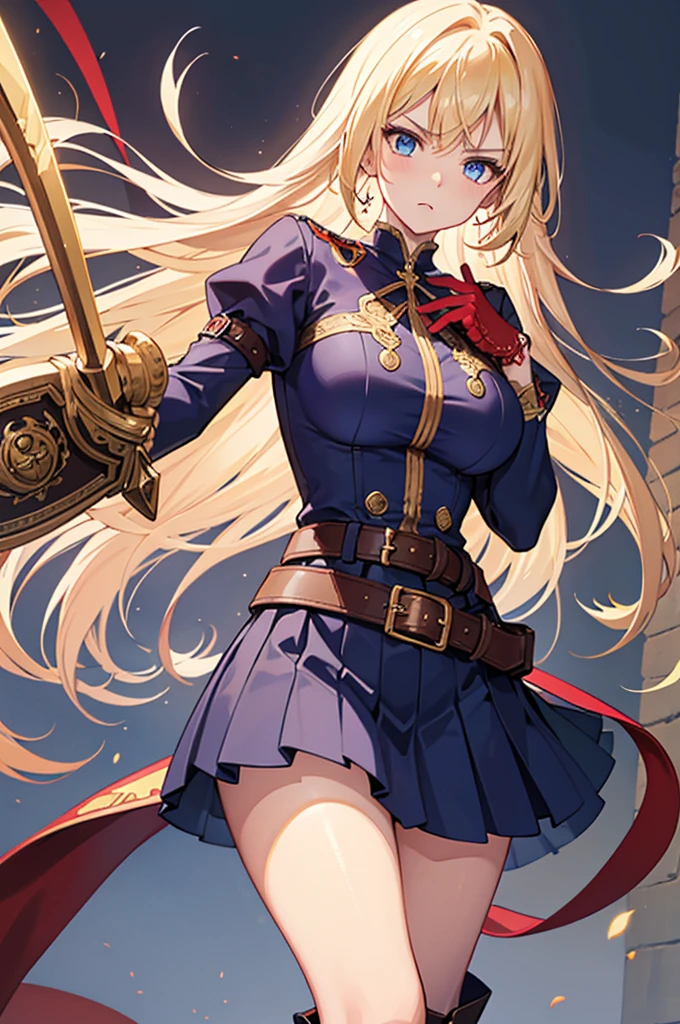 20-year-old anime girl, long blonde hair, blue eyes, angry expression, long dark blue skirt with gold embroidery at the hem, old-fashioned blue blouse with long fitted sleeves, adorned with red details, red leather gloves that reach her elbows, dark brown leather boots that reach mid-calf, leather belt adorned with a golden buckle and red details, her weapon is a huge greatsword with a gold and red decorated handle, hanging on her back in an ornate sheath. 