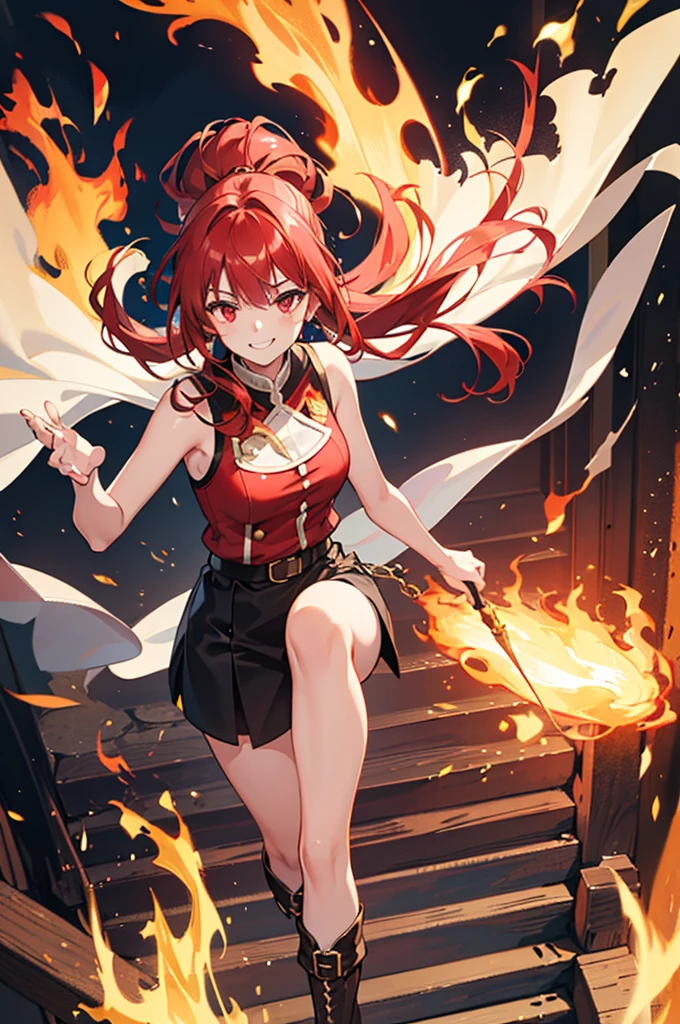 20 years old girl, long red hair, wears a ponytail, red eyes, always smiling. She dresses in an antique style, wearing a short brown skirt with black shorts underneath, ending above the knees. She wears knee-high brown boots. Her white blouse is sleeveless and features red details. She possesses fire powers and has a fire-themed background." 