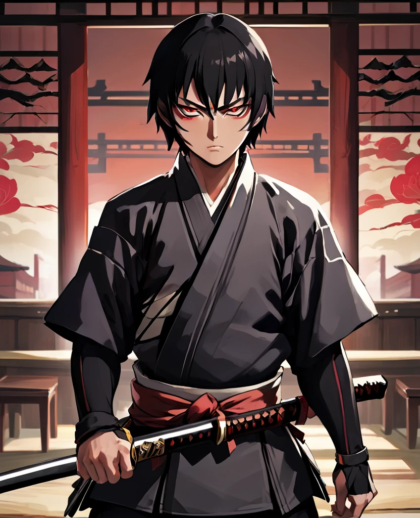 Generate an anime-style image of Kage, a heartless and ruthless assassin from the samurai era. Kage should have black short hair pulled back into a ponytail, a prominent scar across one eye, and cold, grey eyes that reflect his merciless nature. He is tall and athletic, dressed in a black kimono. He wields a black katana, held in a firm, ready-to-strike grip.The background should be dark and shadowy, enhancing Kage's sinister presence and the sense of danger around him. Include subtle elements like a dimly lit bar to hint at his residence, but ensure the focus remains on his imposing and intimidating figure. The atmosphere should be ominous and foreboding, capturing the essence of a brutal and undefeated assassin.