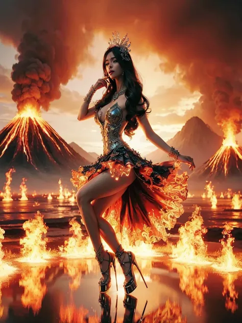 arafed woman with bustier gigantic breast in a 
tight fire corset and flame dress in front of a building, wearing an ornate outf...