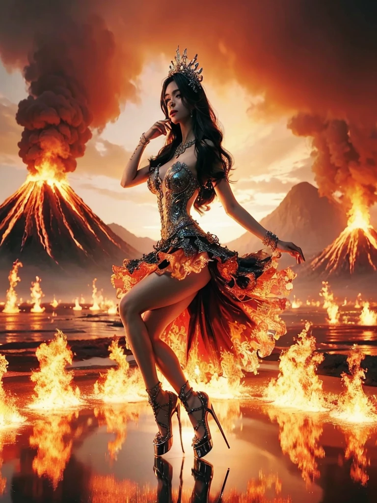 arafed woman with bustier gigantic breast in a 
Tight fire corset and flame dress in front of a building, wearing an ornate outfit, ornate dress, intricate dress, elegant flame corset, ornate and elegant, extravagant dress, inspired by Hedi Xandt, ornate attire, intricate outfit, ornate royal gown, ornate clothing, ornate gown, intricate and elegant, intricate detailed dress, ornate , royal dress, detailed hand, detailed finger, Fire in the body, Fire on the dress, Fire element, Transparent clothing, masterpiece, best quality:1.2),,(8k,highres,RAW photo,realistic,photo-realistic:1.3),(detailed skin texture,detailed cloth texture,detailed flame texture, beautiful detailed face:1.25),professional lighting,photon mapping,beautiful soft light,radiosity,physically-based rendering,raytracing, model shoot style, model shoot style, (extremely detailed CG unity 8k wallpaper), full shot body photo of the most beautiful artwork in the world, ((NSFW)) ((Large breast)) (( Nude)) ((Naked)) ((Nipple)) 