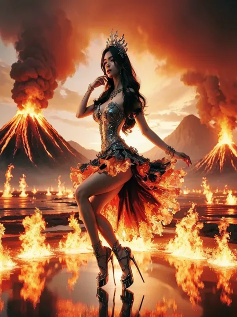 arafed woman with bustier gigantic breast in a 
tight fire corset and flame dress in front of a building, wearing an ornate outf...