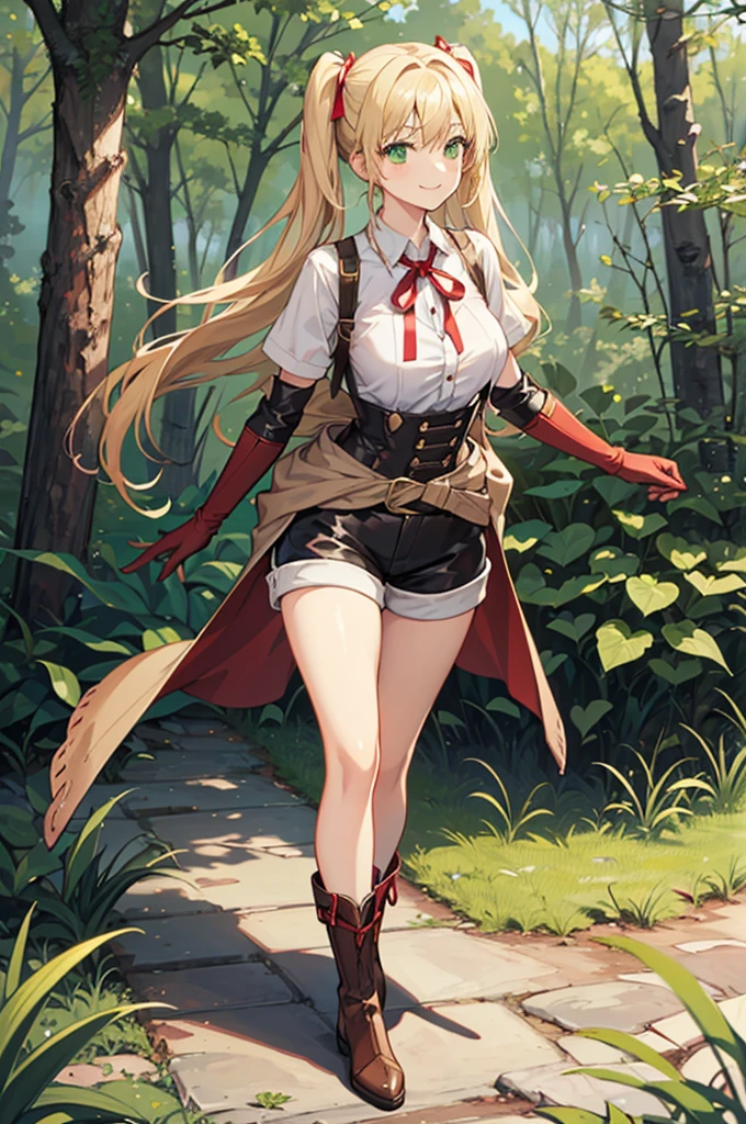 30-year-old anime woman, blonde hair in pigtails, green eyes, tender and smiling expression, long explorer-style shorts with beige suspenders, short-sleeved white blouse, red ribbon in her hair, beige leather gloves, dark beige, in forest leather boots that reach mid-calf, her weapons are two daggers she carries at her waist. 