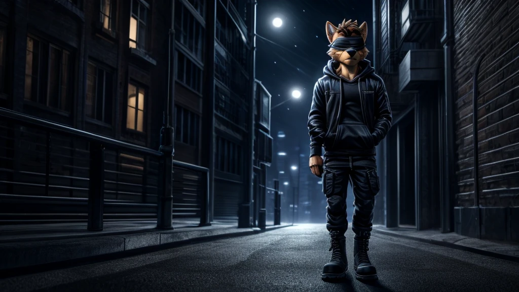 Chase from Paw Patrol, male shepherd, anthro, brown hair, blindfold, black jacket with hoodie, black shirt, black cargo pants, black boots, fingerless black gloves, standing, slim, tall, cold serious stare, detailed, solo, beautiful, high quality, night, dark lighting, city, 4K