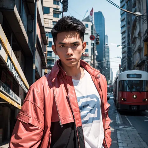 an Indonesian man wearing a jacket and standing straight facing the front. The photo was taken from a front position, urban back...