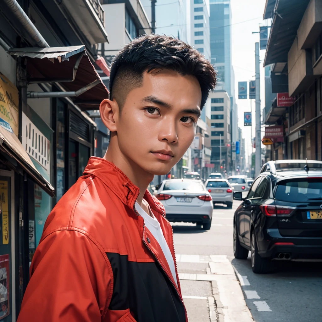 an Indonesian man wearing a jacket and standing straight facing the front. The photo was taken from a front position, urban background, the image looks like it was taken by a professional photographer.