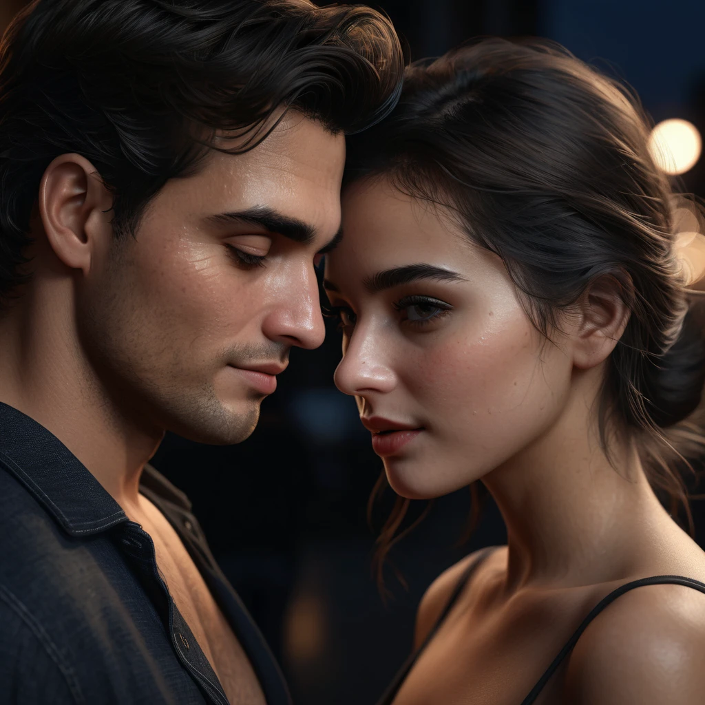 8 k, Best quality, masterpiece, Ultra high resolution, (Realism: 1.4), original photo, (realistic skin texture: 1.3), (Granularity: 1.3),  girl and guy dark style couple in love face details, masterpiece, Best quality, look at the viewer at night