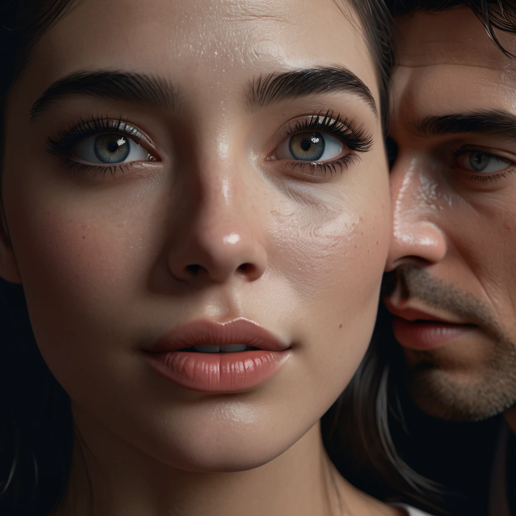 8 k, Best quality, masterpiece, Ultra high resolution, (Realism: 1.4), original photo, (realistic skin texture: 1.3), (Granularity: 1.3),  girl and guy dark style couple in love face details, masterpiece, Best quality, look at the viewer at night