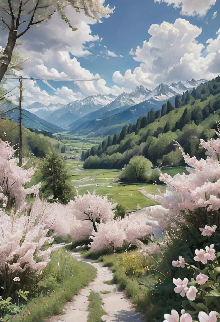 (masterpiece, top quality, Best quality, official art, beautiful and aesthetic: 1.2), I had a wonderful view of the Alps. A wide emerald valley, strewn with small white houses like flowers, ran down freely. The valley was framed by a forest that seemed almost black in the shadow cast by the mountains. The mountains themselves, dotted with deep wrinkles, resembled heavy cumulus clouds, tired and lying down to rest. The real clouds were light, like bird feathers, and, driven by the wind, they flew freely over the snow-strewn peaks.